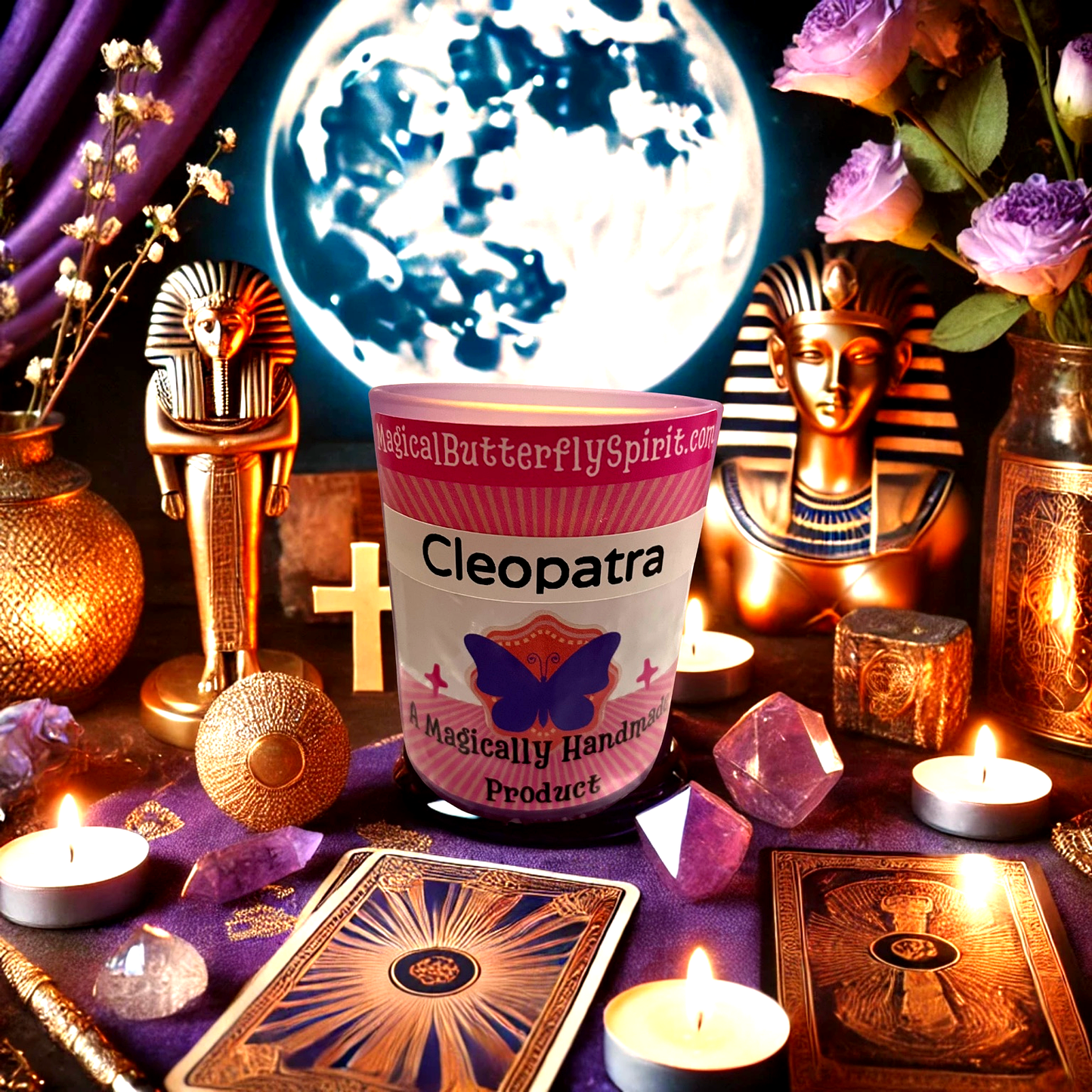 A Cleopatra-themed candle set against an enchanting Egyptian-inspired backdrop. The scene features golden Ankh symbols, tarot cards, amethyst crystals, and soft candlelight, with statues of Egyptian deities and a glowing full moon in the background, creating a mystical and regal atmosphere.